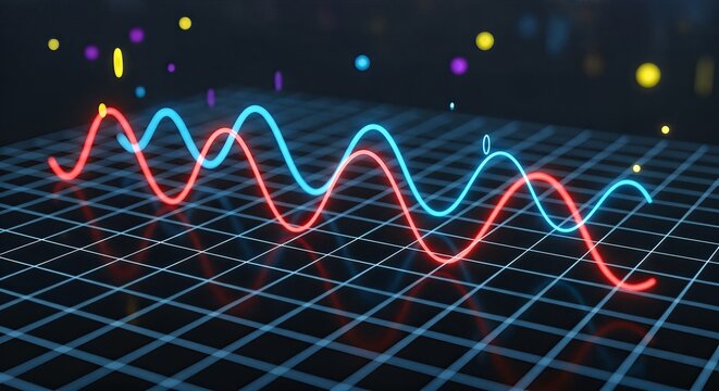 Abstract visualization of two glowing sine waves on a grid, representing data or sound.