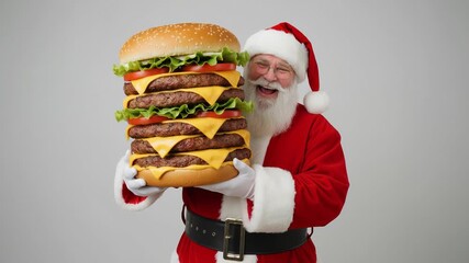 Caucasian Santa Claus holds vibrant burger against gray backdrop, radiating lighthearted humor and festive cheer, Christmas, joyful celebration, food fun, holiday spirit