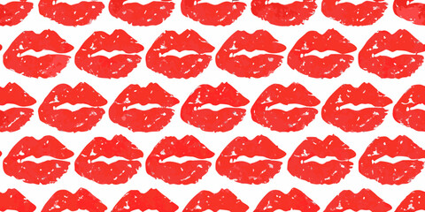 Seamless pattern of red lipstick kiss marks on a white background