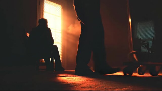 Silhouetted figures meet in a dark room with dramatic backlighting.