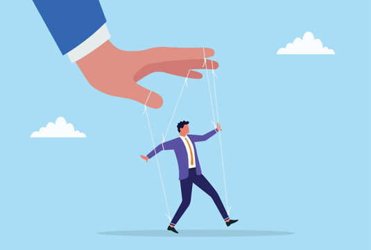 Vector illustration of a businessman being controlled like a puppet on strings by a large hand, symbolizing manipulation, control, influence, lack of freedom, and power dominance in business
