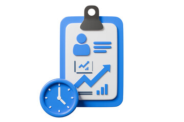3d clipboard with analytics and clock icon. time tracking productivity concept. Minimal cartoon schedule calendar timesheet for app UI banner. isolated on white background. 3d render.