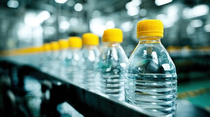 Factory line of clear plastic water bottles with yellow caps.