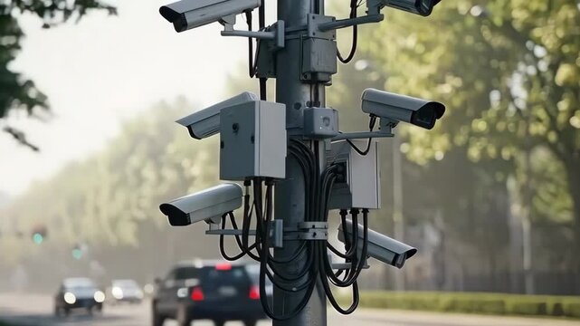 Surveillance cameras on the street observing the traffic in the city with forest background