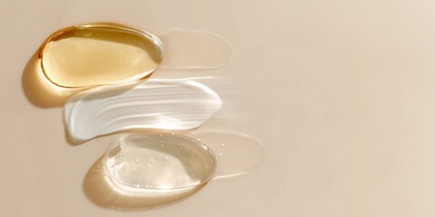 Three luxurious skincare textures arranged in harmonious composition with natural light on neutral background with place for text