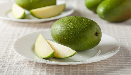A whole green, unripe mango with water droplets, served with two pale yellow slices on a white porcelain plate. Represents various stages of ripeness or consumption.