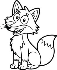 Cartoon fox line drawing, cute animal coloring page, black and white vector, cheerful forest creature, kids educational illustration