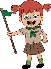 Cartoon girl scout character, cheerful young camper, kids outdoor adventure art, green flag bearer, youth activity illustration, community service drawing