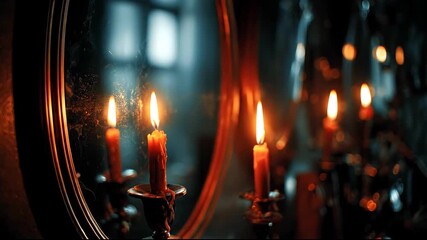 Mysterious Burning Candles Reflecting in a Dark Vintage Mirror.