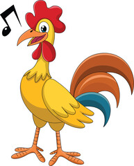 Cartoon rooster illustration, colorful farm bird character, crowing chicken vector, vibrant barnyard animal art, cheerful rooster with tail feathers drawing