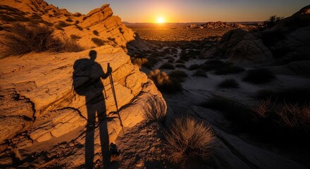 Hiker silhouette watching the sunset in a rocky desert canyon.