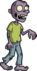 Cartoon zombie character, purple skin, tattered clothes, creepy expression, vector illustration, Halloween theme, horror asset, kids content, digital artwork