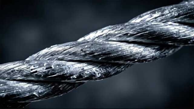 Extreme close up of a thick dark twisted industrial rope.