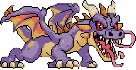 Pixel art dragon, fierce fantasy creature, retro video game monster, purple winged beast, mythical enemy sprite, pixelated battle character