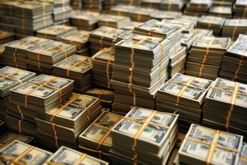 Fototapeta premium Bundles of one hundred dollar bills are stacked and tied with bands, creating a massive pile of cash