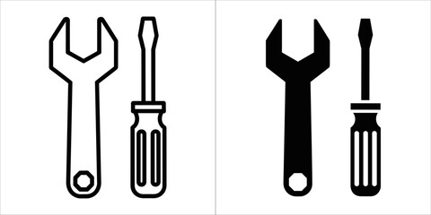 Two icons of a wrench and a screwdriver, one in outline and one in solid black