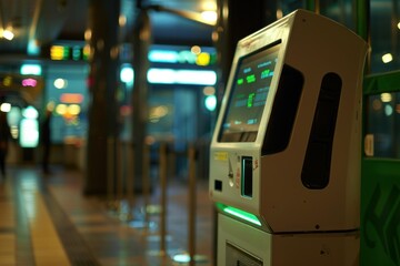 Automated self service ticketing kiosk displaying information on its screen, providing convenient service within modern transportation hub