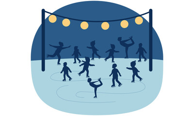 A group of people skating on an ice rink at night