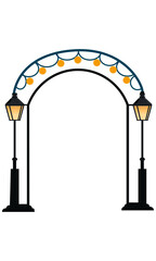 An arch made of garland lights and retro lampposts