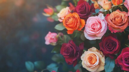 Obraz premium Vibrant roses in full bloom with varying colors and lush green leaves