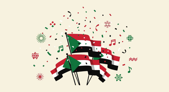 Illustration of Sudanese national flags waving amidst a festive celebration with confetti and musical notes.