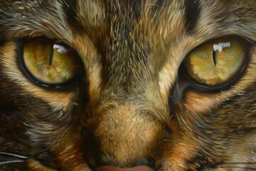 Close up oil painting of a tabby cat, highlighting its intense green eyes and detailed fur