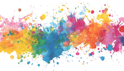 Colorful splashes of watercolor paint form an abstract design. Abstract art of colorful paint splatters on a white background. Rainbow paint splatter banner, white background, design