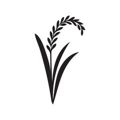 Minimalist dark silhouette of a single rice stalk with leaves on a white background representing agriculture and food