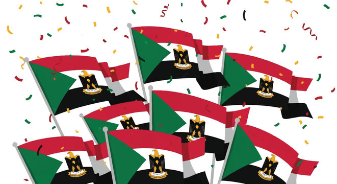 A joyful celebration with multiple waving Sudanese flags and colorful confetti falling from above.