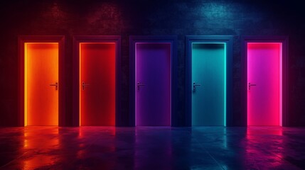 Surreal vibrant doors in dark room illuminated from above symbolizing mystery and hidden opportunities
