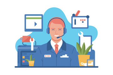 Naklejka premium A friendly customer service representative with a headset assists clients with their technical needs.