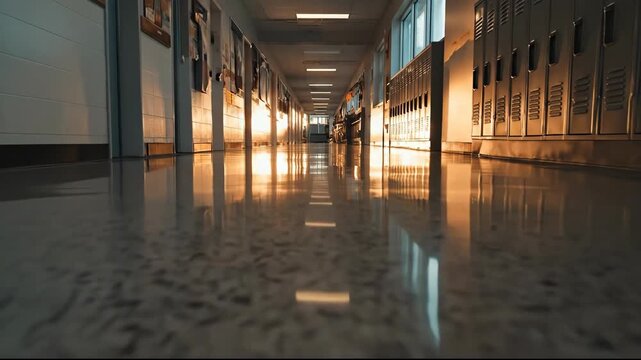 Empty School Hallway with Polished Floor Reflections at Sunset.