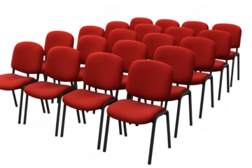 Red conference chairs in rows for audience, meeting, presentation, or empty event space on transparent background