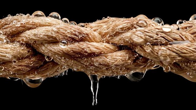 Macro shot of a thick wet rope with dripping water droplets.