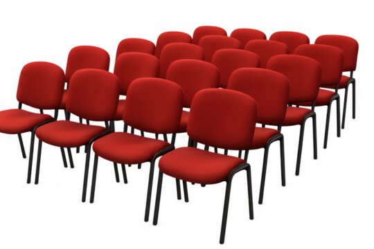 Red conference chairs in rows for audience, meeting, presentation, or empty event space on transparent background