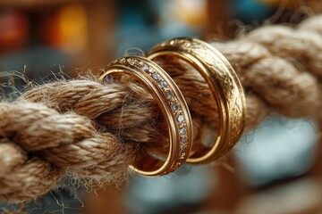 Two golden wedding rings rest on a sturdy brown rope, symbolizing commitment and enduring love
