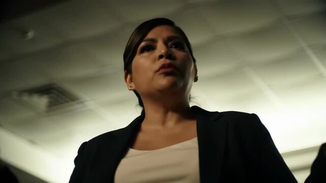 Woman speaking passionately, gesturing, in conference room, lit dimly. Suitable for motivational content