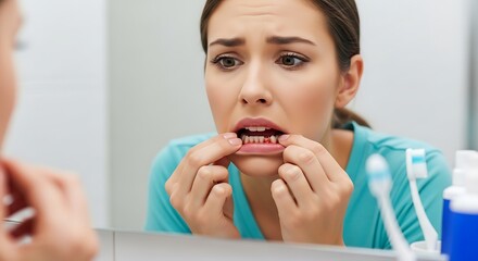 Woman examining her gums in the mirror with concern and visible bleeding after brushing teeth shown