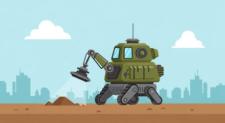 flat vector of demining robot scanning ground, futuristic humanitarian technology