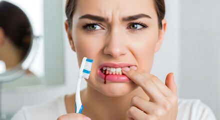 Woman with bleeding gums holding toothbrush and touching her lip in a bathroom setting looking concerned