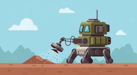 flat vector of demining robot scanning ground, futuristic humanitarian technology