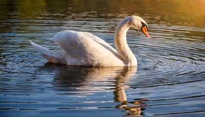 Fototapeta premium Majestic Swan Gracefully Gliding On Calm Water With Serene Reflections In The Tranquil Morning Light
