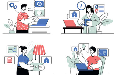 Each illustration is outlined with clean lines and includes subtle decorative elements like plants or icons (e.g., money, books, or hearts). The image is ideal for use in Adobe Stock as a versatile se