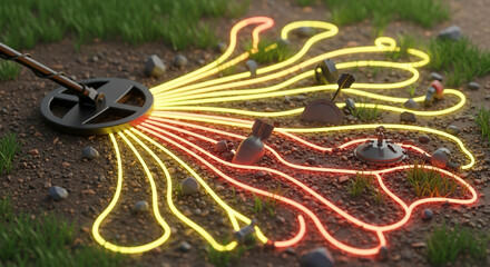 3D illustration of metal detector scanning earth with glowing signals — detection and prevention concept