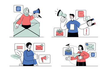 Each illustration is outlined with clean lines and includes subtle decorative elements like plants or icons (e.g., money, books, or hearts). The image is ideal for use in Adobe Stock as a versatile se