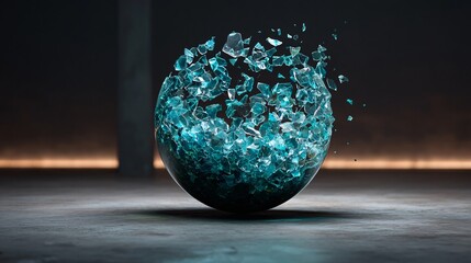 A shattered sphere of blue glass suspended in midair on a gray surface