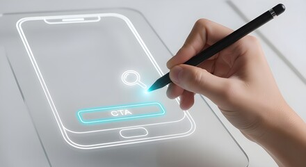 Professional designer creating stunning app interface with digital pen on modern touchscreen device, crafting engaging user experience for tech savvy users