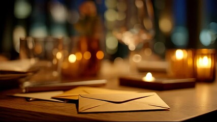 A mysterious letter on a table during a romantic candlelit evening.