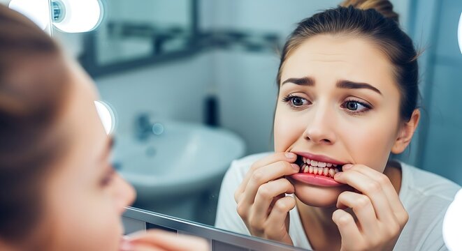 Woman examining her gums in the mirror with a worried expression in a bathroom setting at home