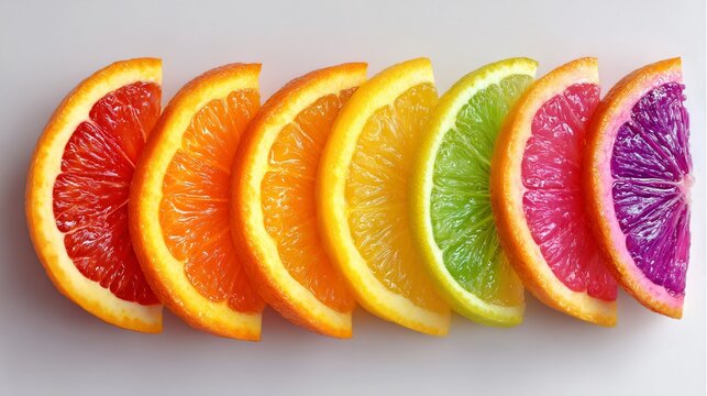 Colorful citrus slices arranged in a row isolated on white background